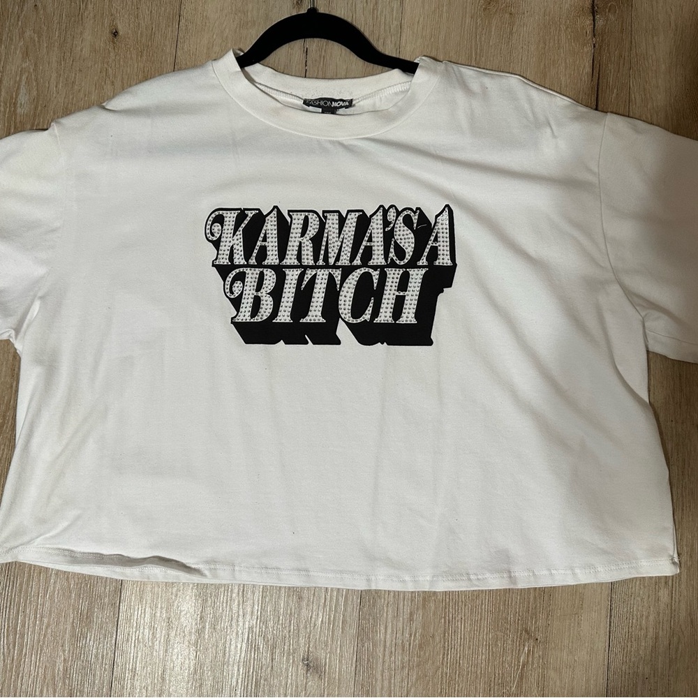 Fashion Nova White Crop Top with Black Graphic